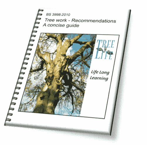 The wire bound book has a photo of a tree on the cover and the title BS 3998:2010 Tree work - Recommendations A concise guide